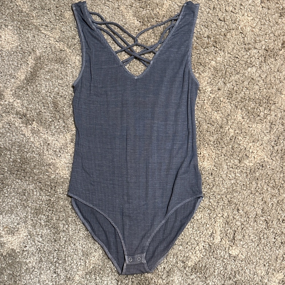 Crisscross Front&Back Ribbed Bodysuit in Gray